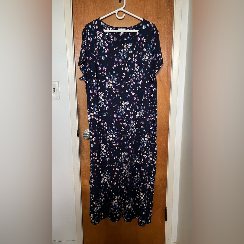 J. Jill navy blue floral print rayon/spandex knit maxi dress 2X or 3X NWT